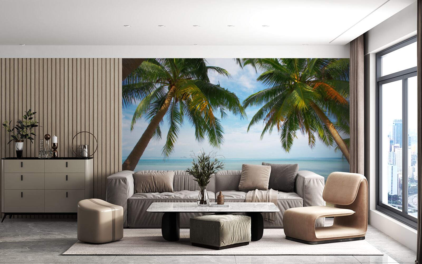 Fotobehang palmbomen op een zandstrand