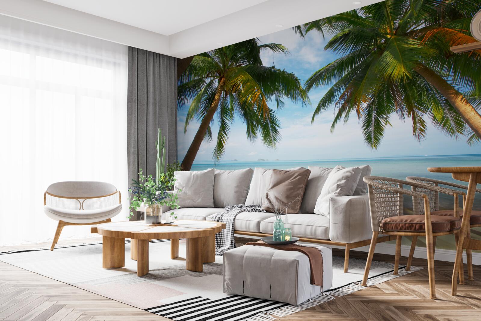 Fotobehang palmbomen op een zandstrand