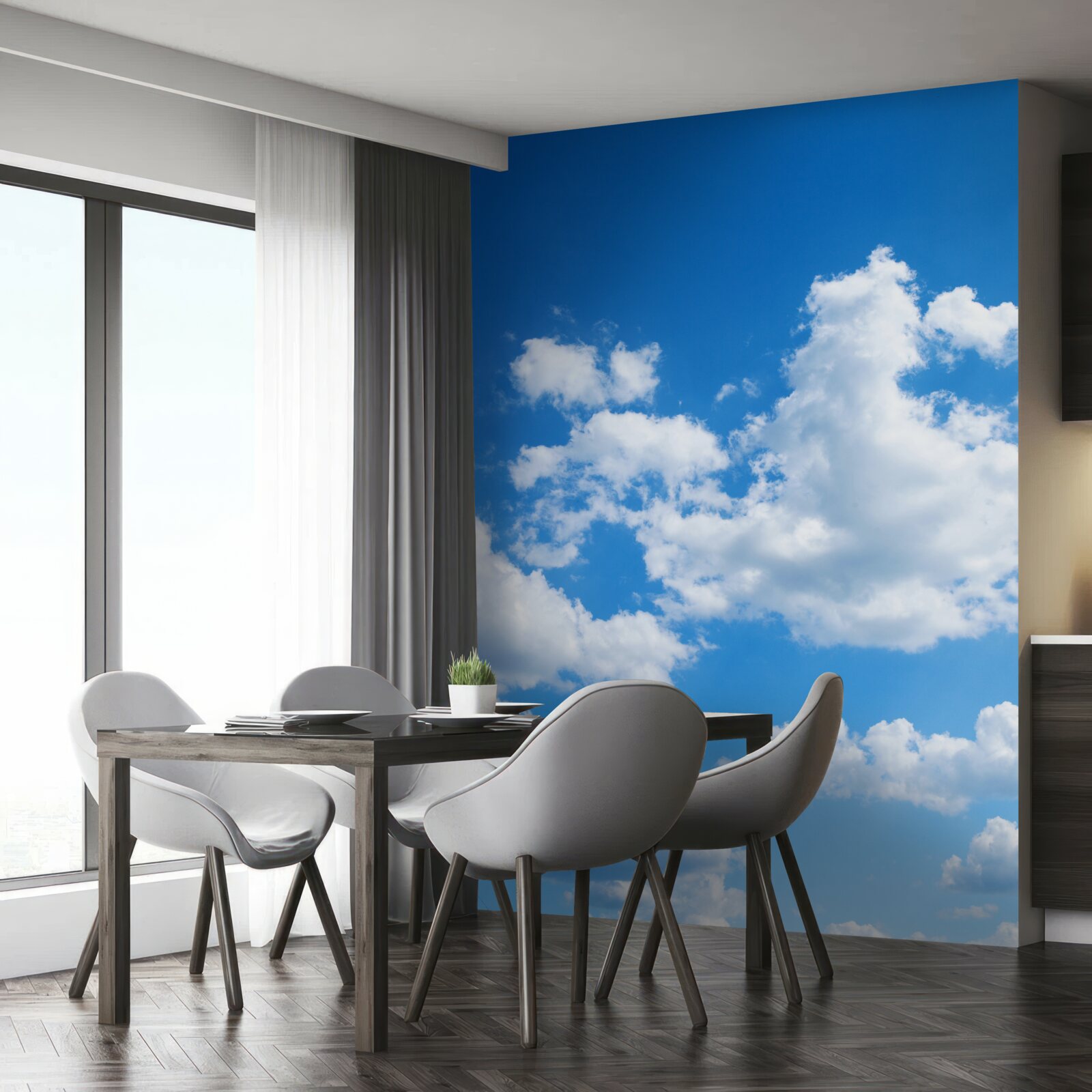 Fotobehang sneeuwwitte wolken drijven door de blauwe lucht