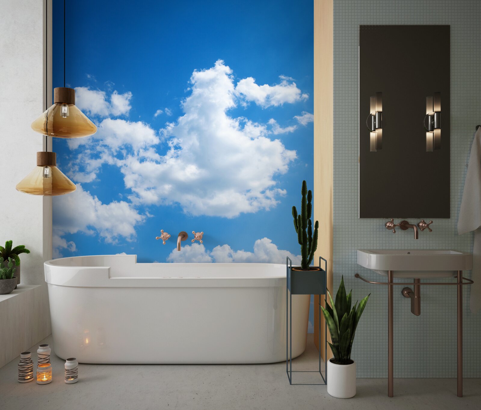 Fotobehang sneeuwwitte wolken drijven door de blauwe lucht