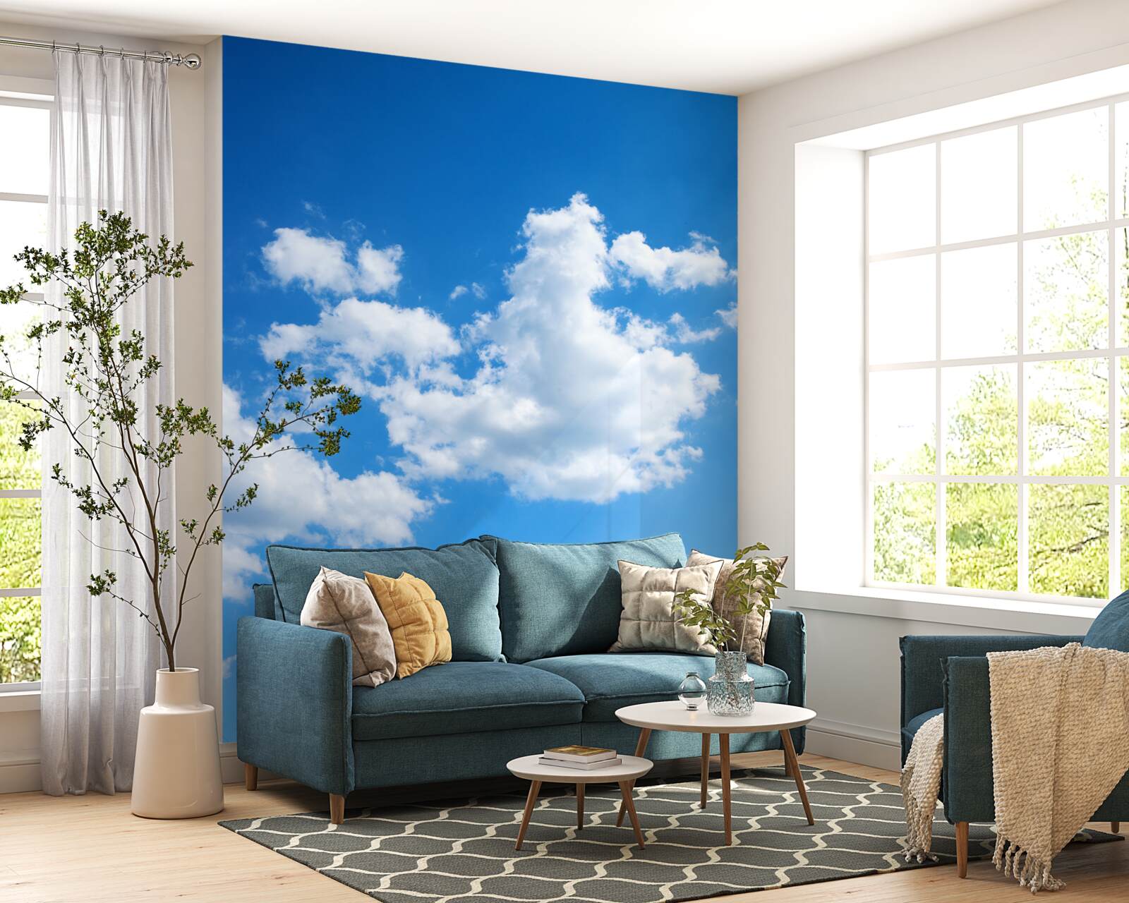 Fotobehang sneeuwwitte wolken drijven door de blauwe lucht