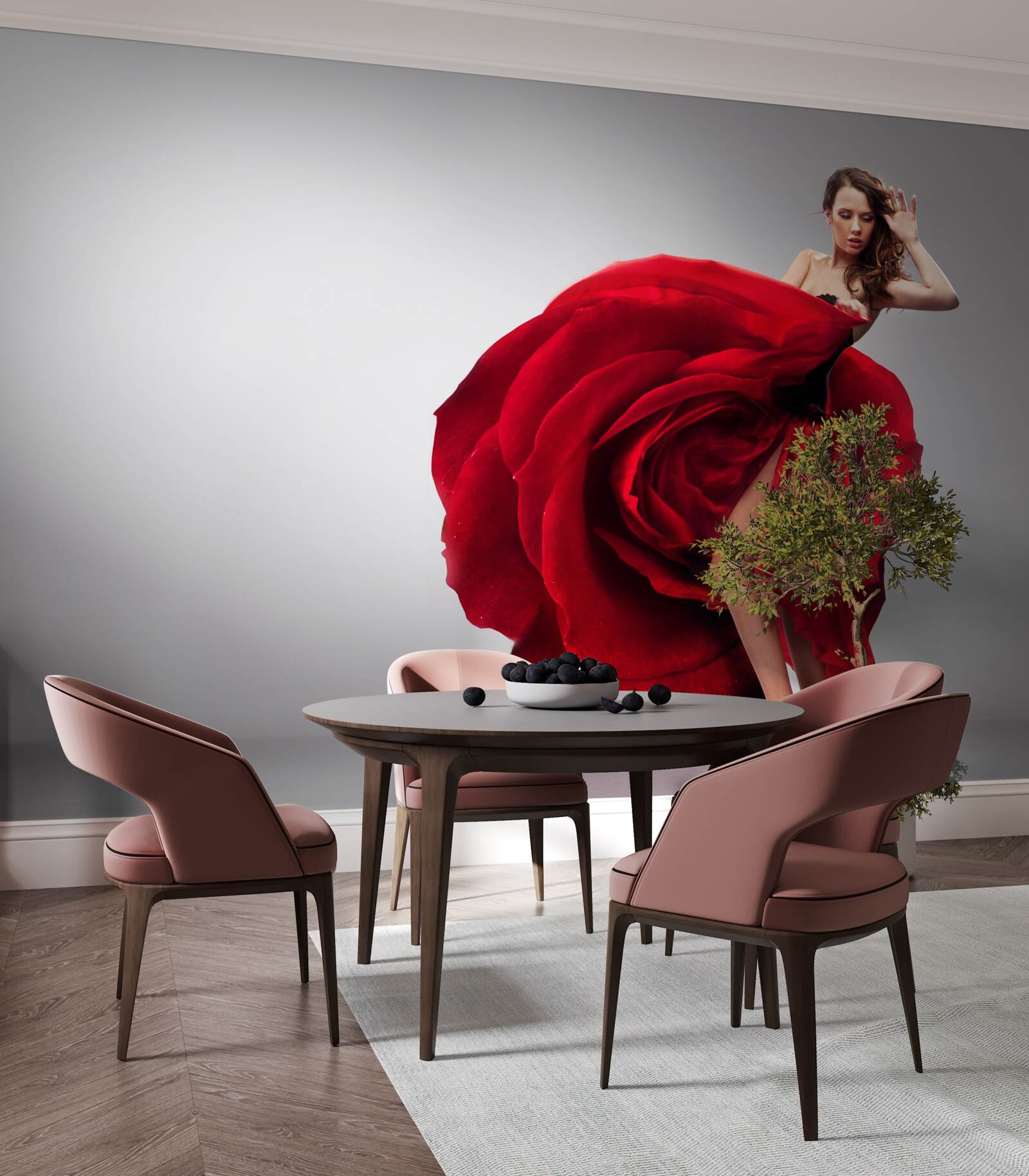 Fotobehang meisje in een rode jurk die op rozen lijkt