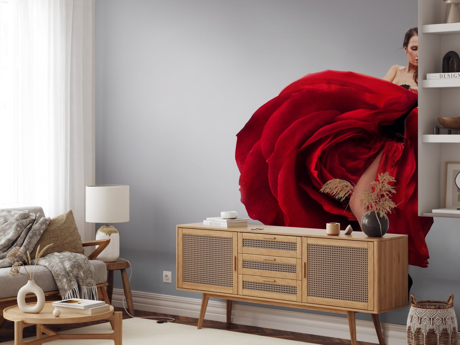 Fotobehang meisje in een rode jurk die op rozen lijkt