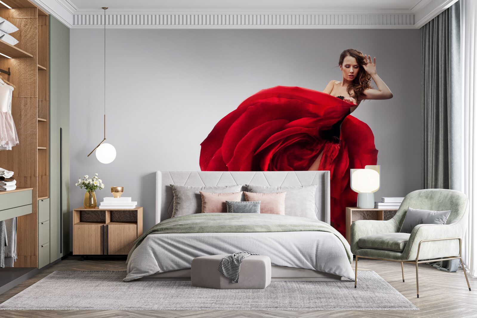 Fotobehang meisje in een rode jurk die op rozen lijkt