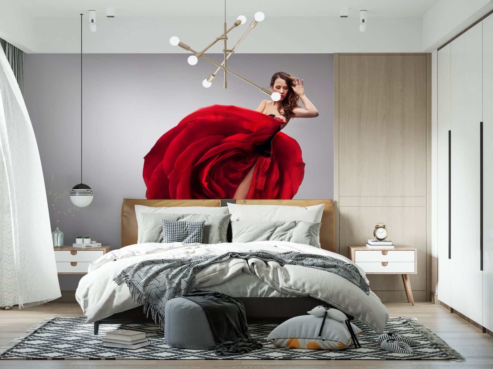 Fotobehang meisje in een rode jurk die op rozen lijkt