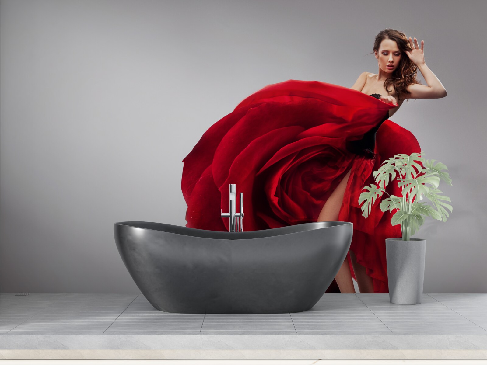 Fotobehang meisje in een rode jurk die op rozen lijkt