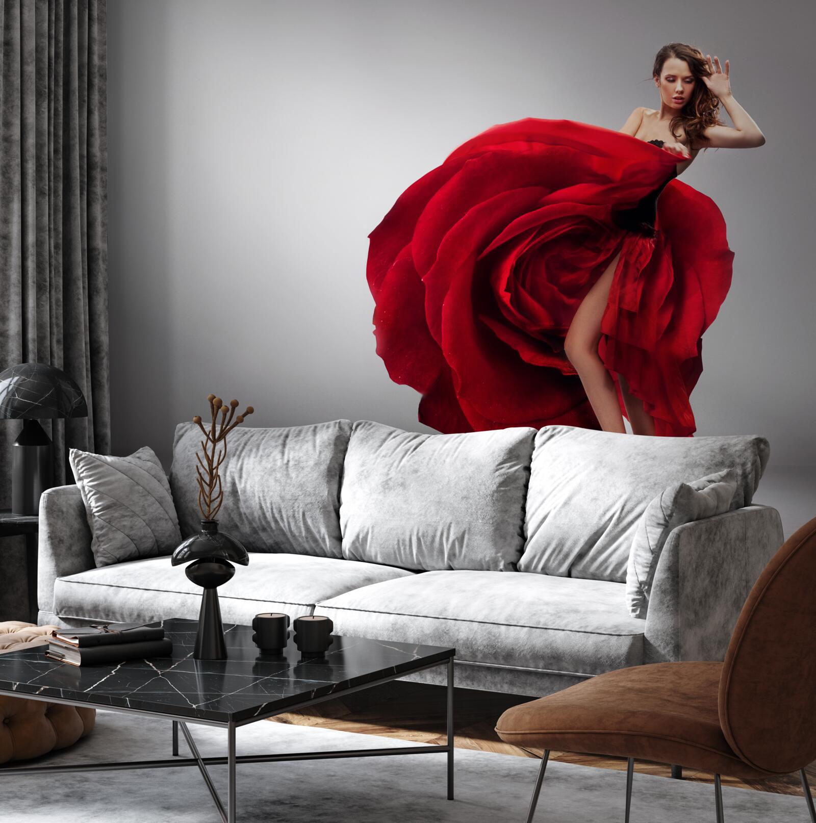 Fotobehang meisje in een rode jurk die op rozen lijkt