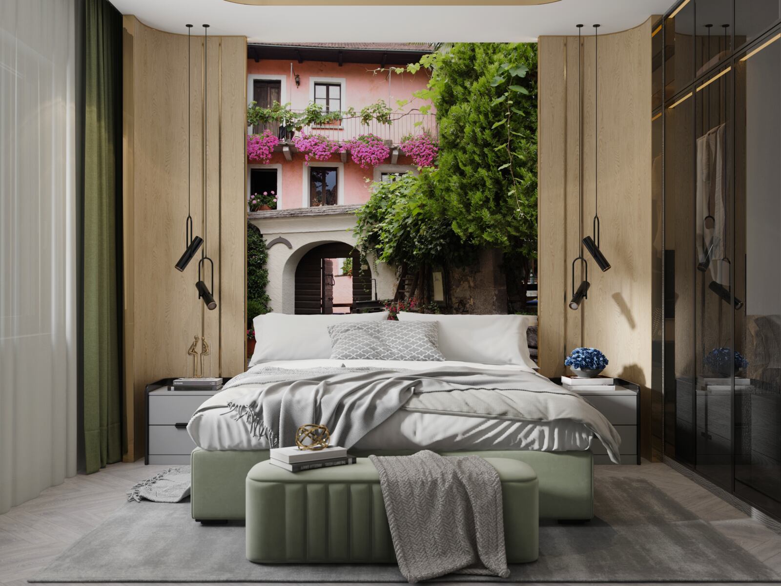 Fotobehang begroeiing met bloemen bij de trap