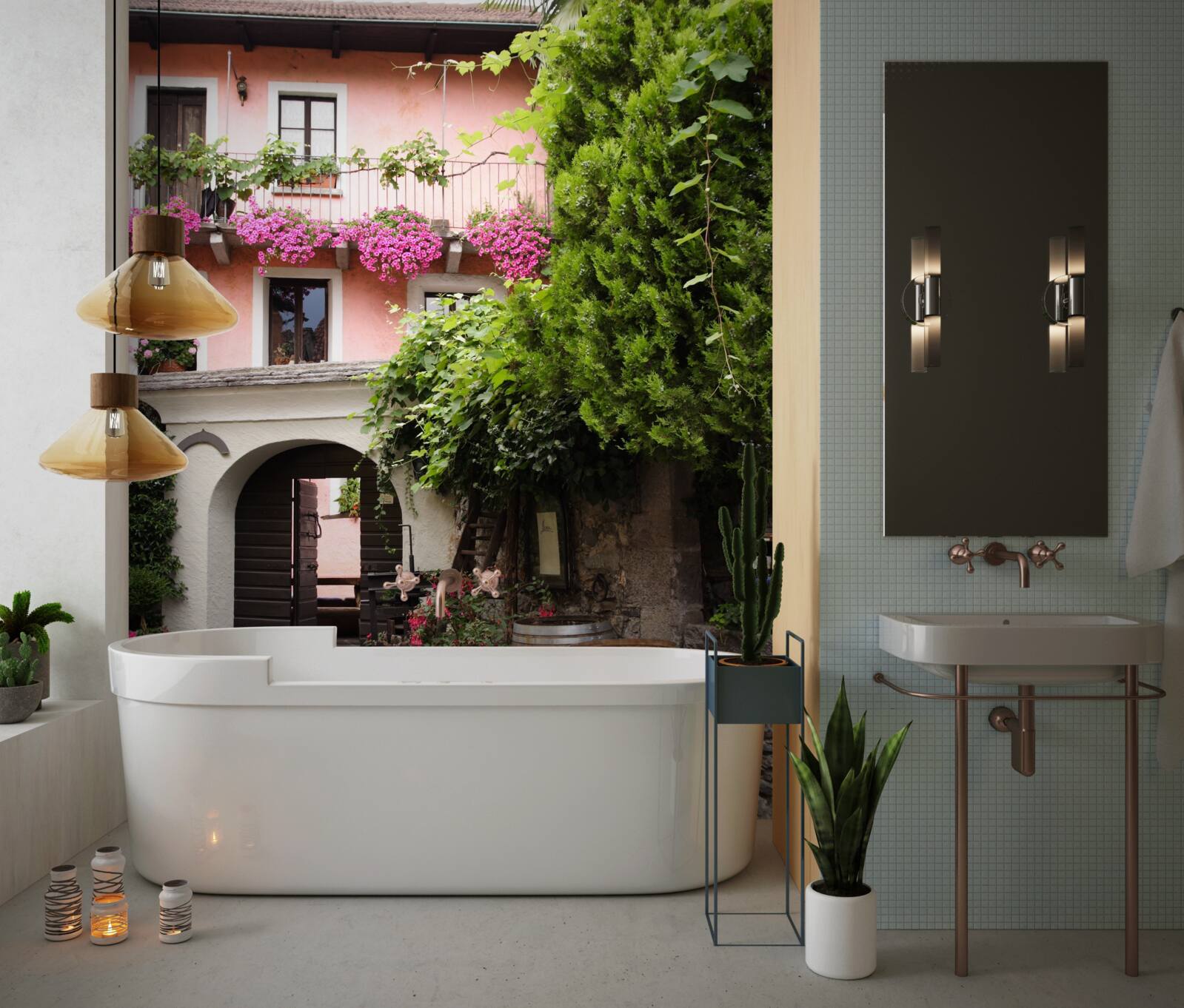 Fotobehang begroeiing met bloemen bij de trap