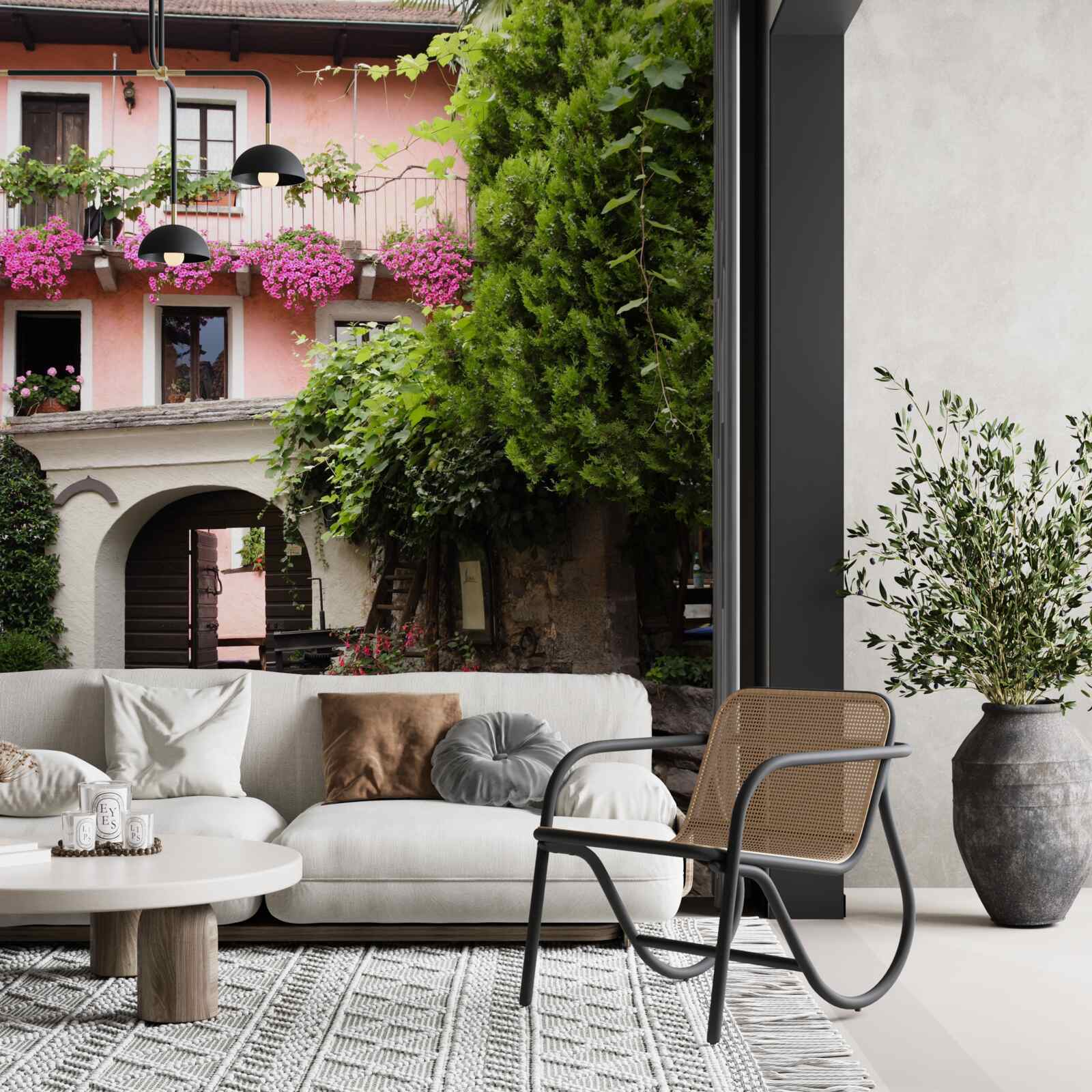 Fotobehang begroeiing met bloemen bij de trap