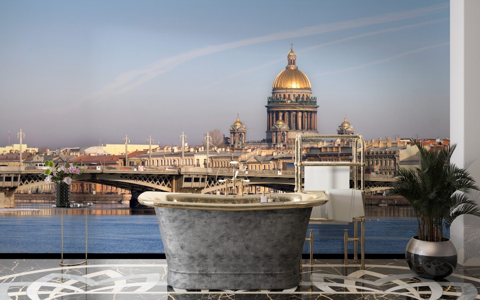 Fotobehang koepel van de kerk van goud tegen de skyline van de stad