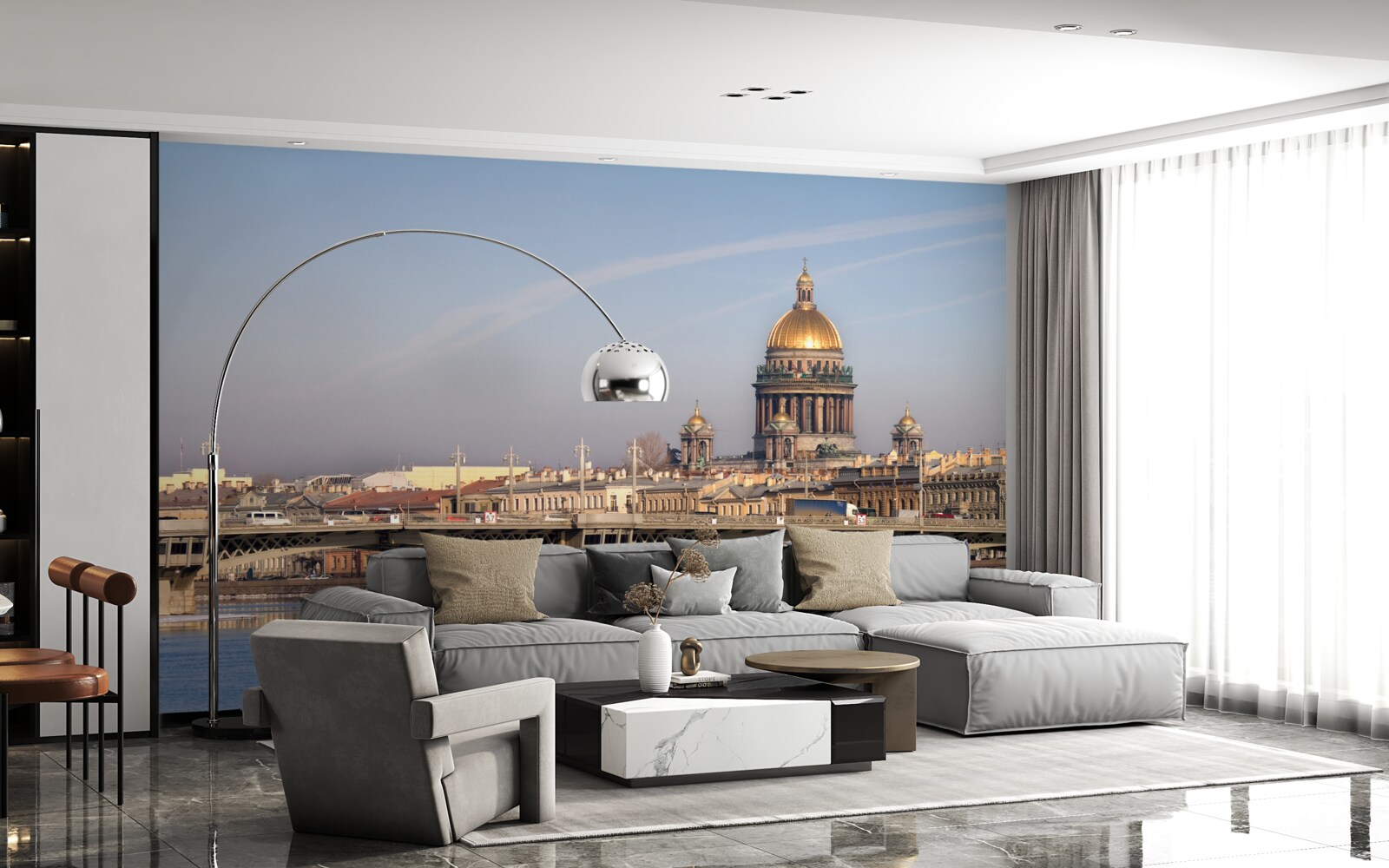 Fotobehang koepel van de kerk van goud tegen de skyline van de stad