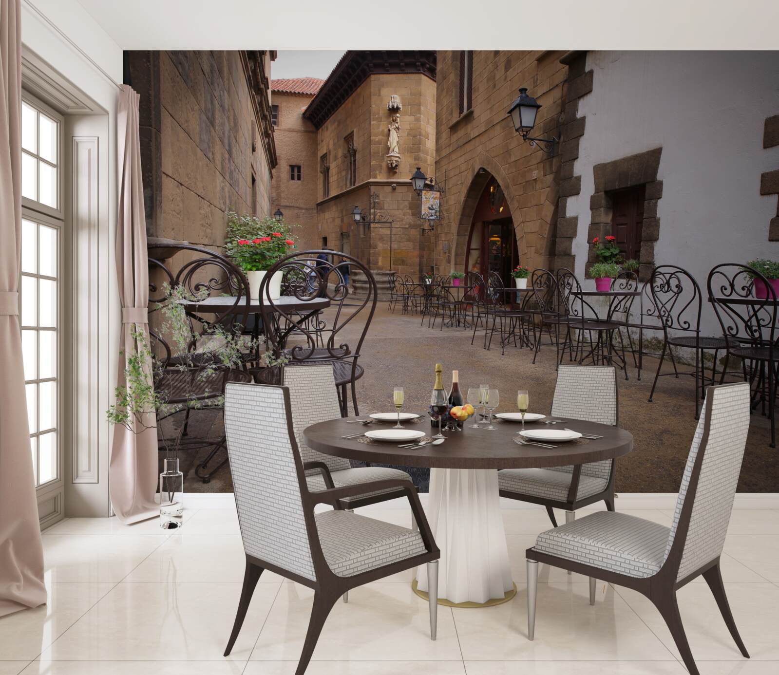Fotobehang tafels in een smalle straat