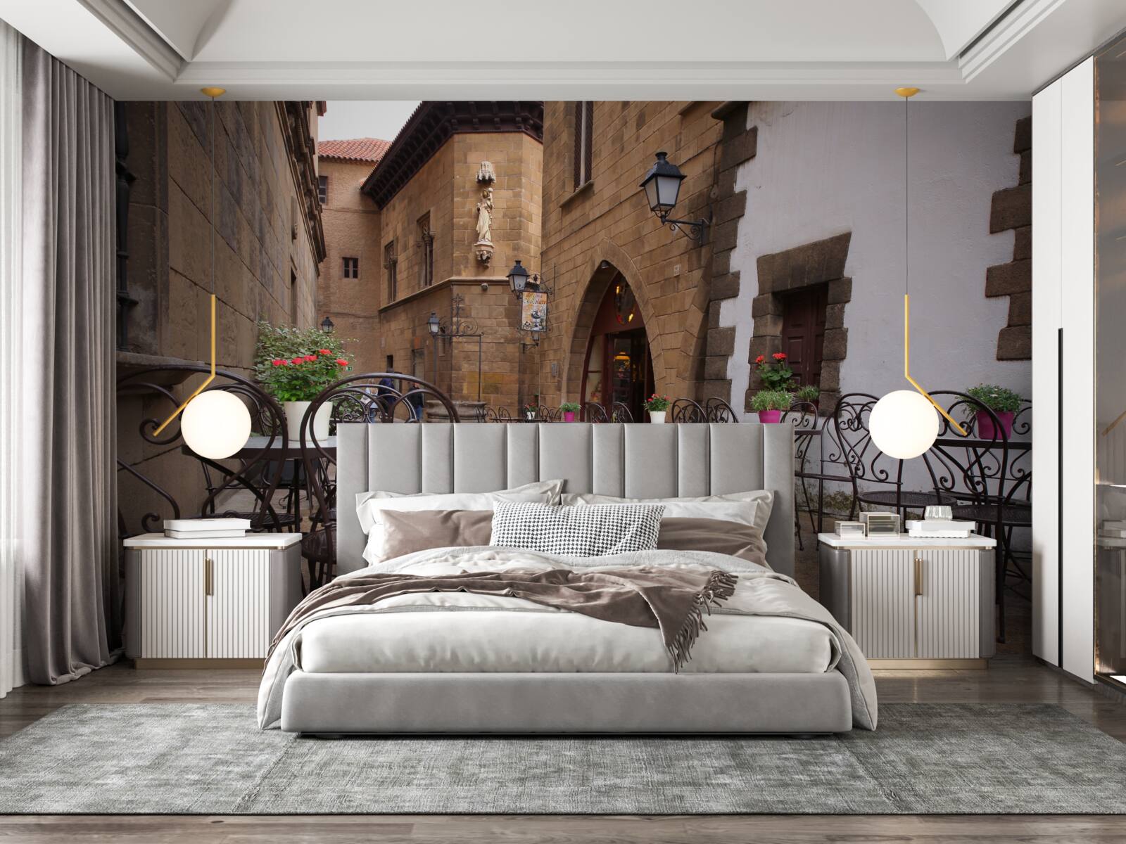 Fotobehang tafels in een smalle straat