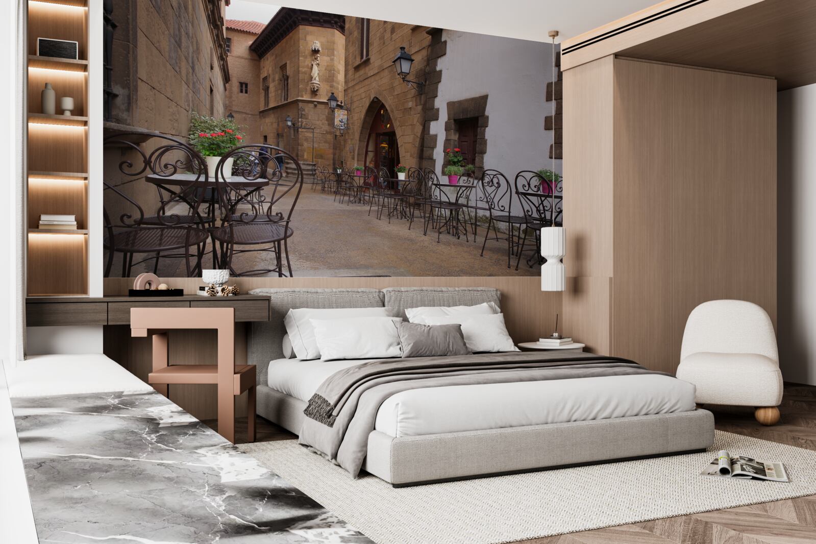 Fotobehang tafels in een smalle straat