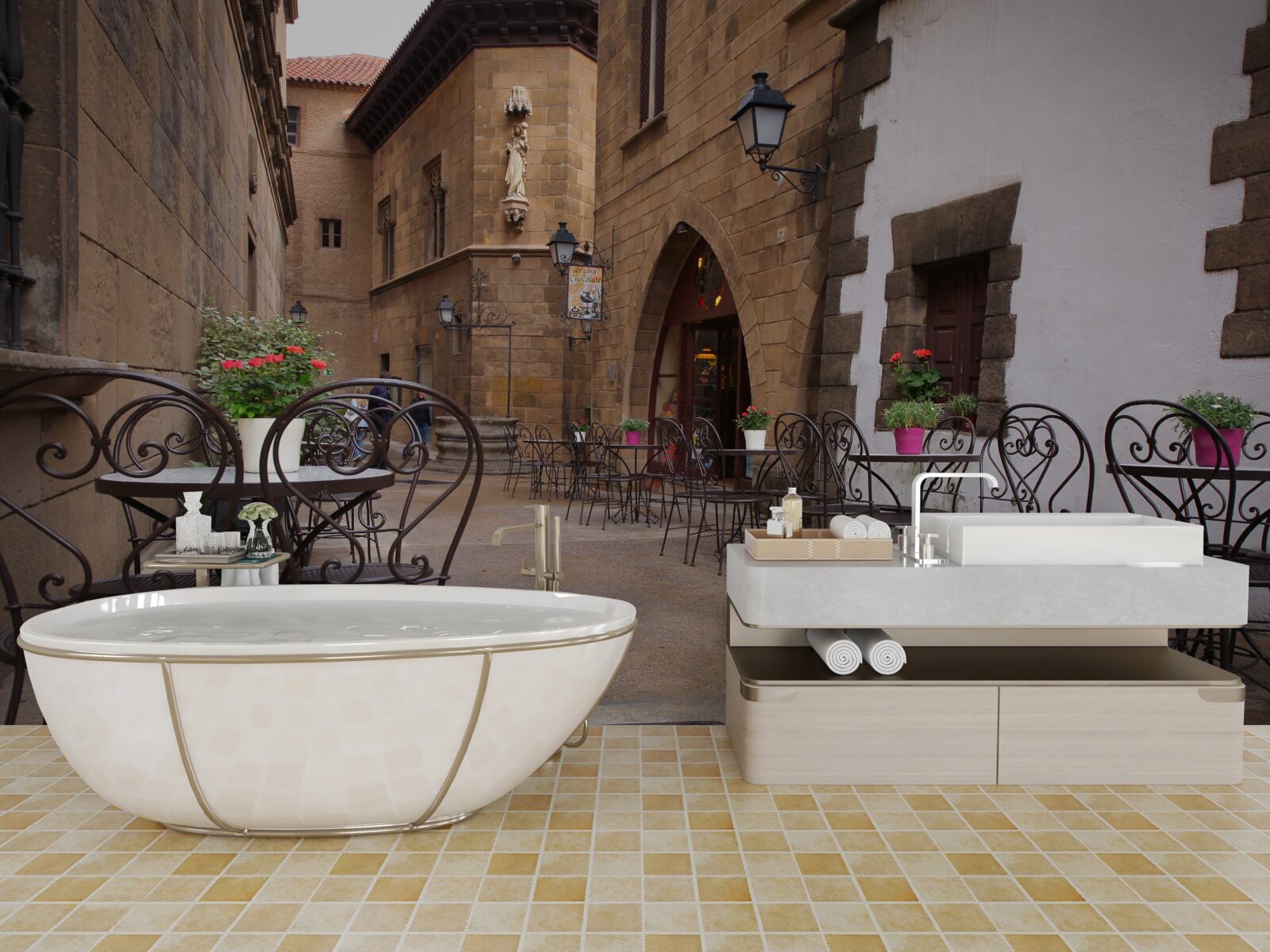 Fotobehang tafels in een smalle straat