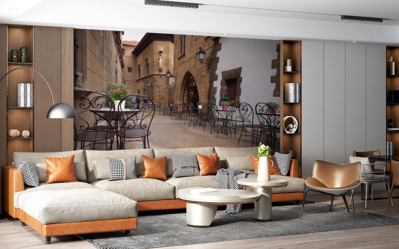 Fotobehang tafels in een smalle straat