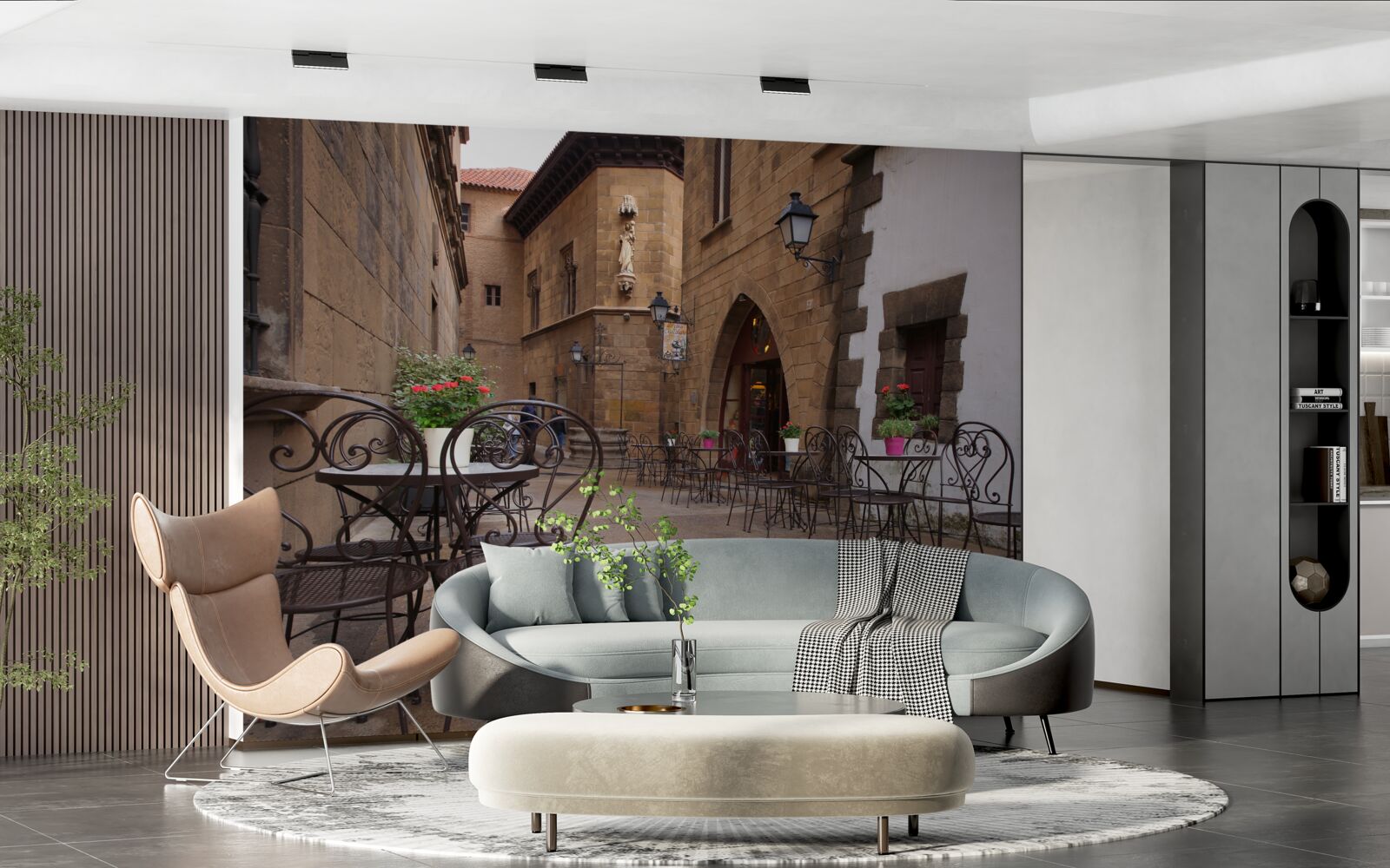 Fotobehang tafels in een smalle straat