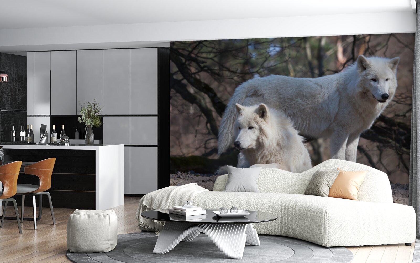 Fotobehang wolven worden wit in een bos bedekt met gevallen bladeren