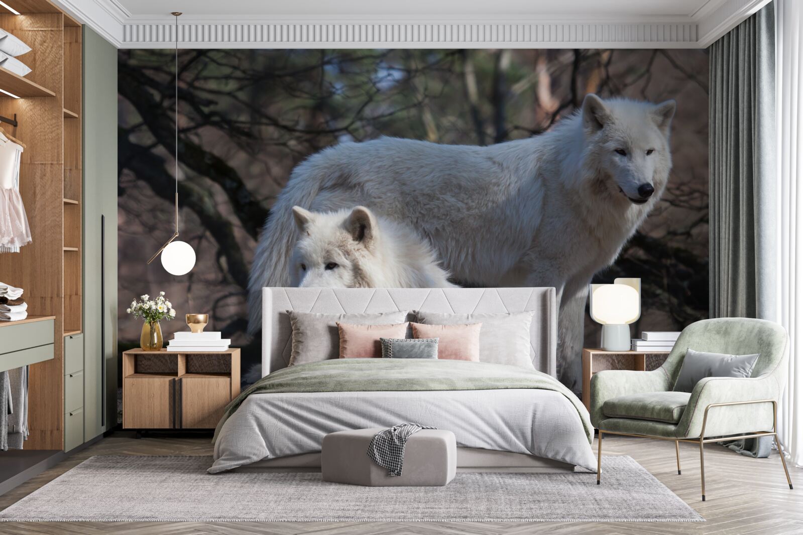 Fotobehang wolven worden wit in een bos bedekt met gevallen bladeren