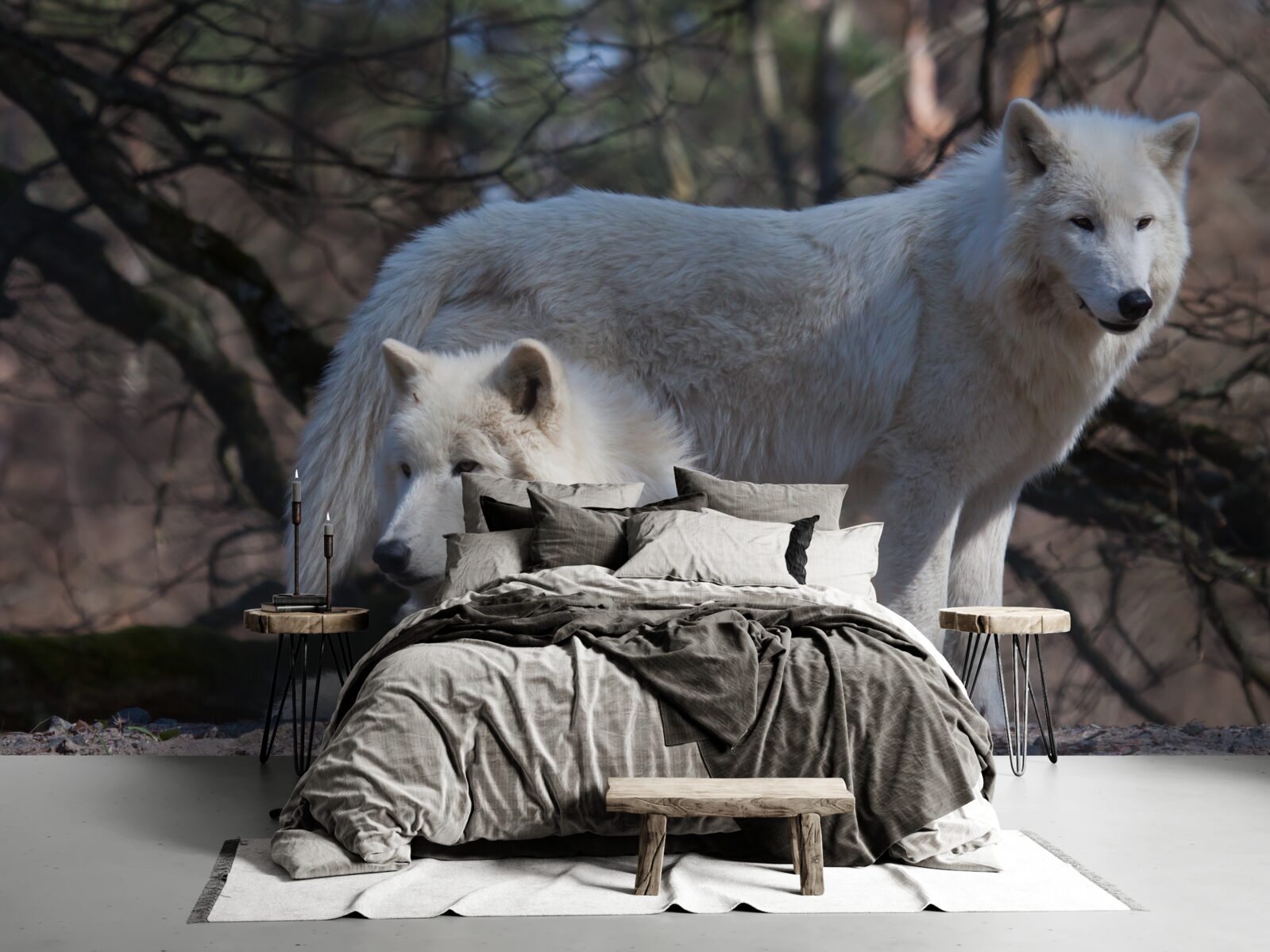 Fotobehang wolven worden wit in een bos bedekt met gevallen bladeren