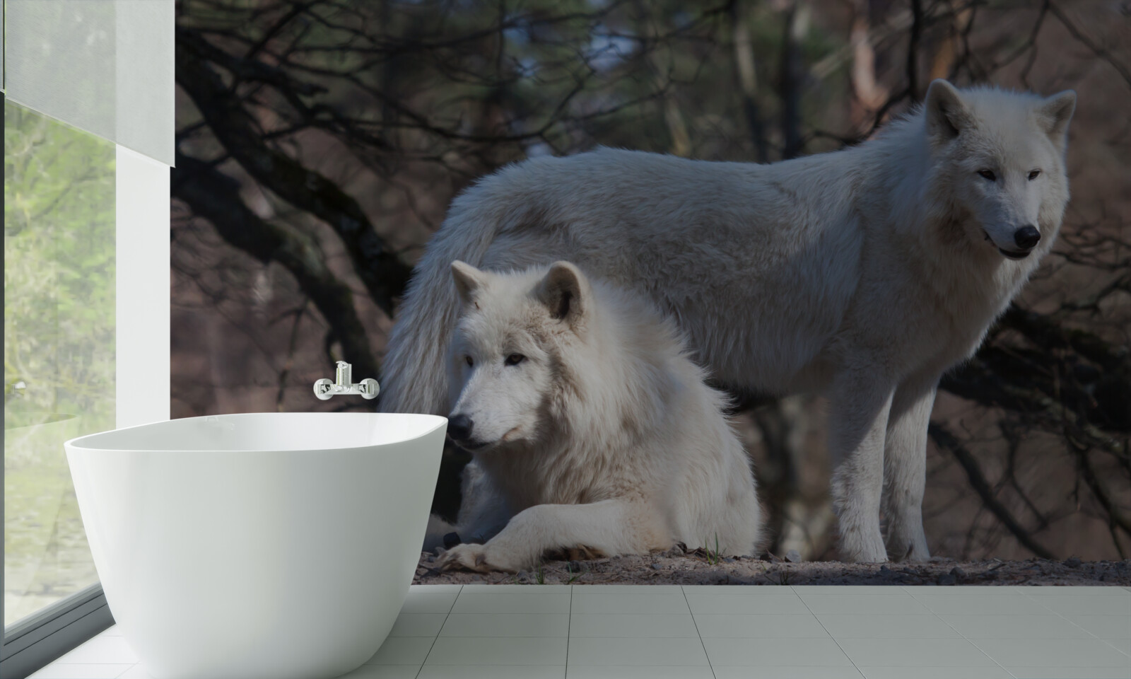 Fotobehang wolven worden wit in een bos bedekt met gevallen bladeren