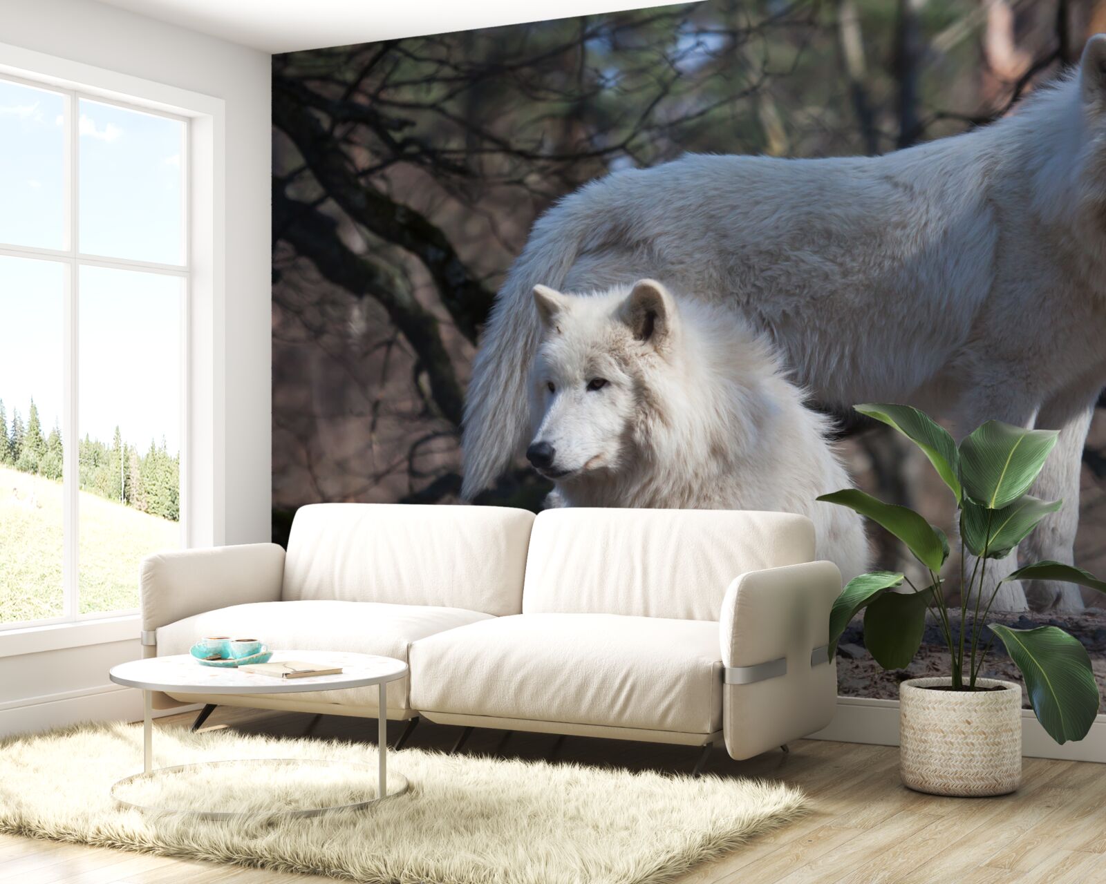 Fotobehang wolven worden wit in een bos bedekt met gevallen bladeren