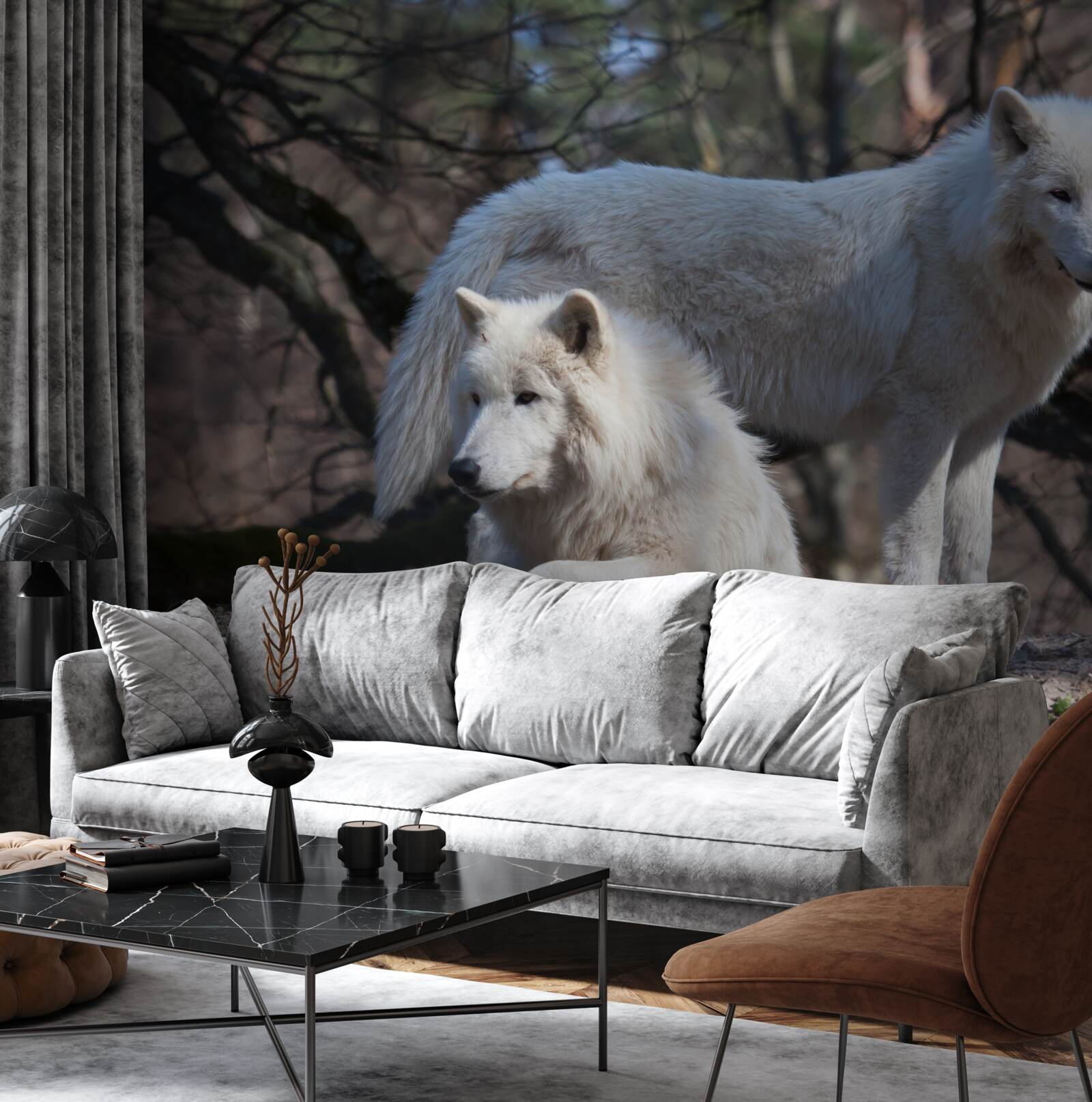 Fotobehang wolven worden wit in een bos bedekt met gevallen bladeren