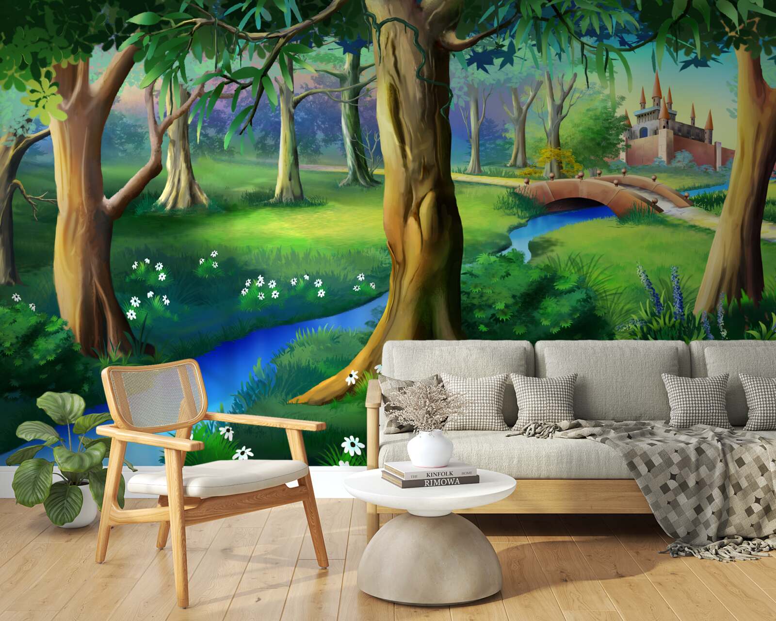 Fotobehang slanke bomen die omhoog klimmen en een rivier in een weiland