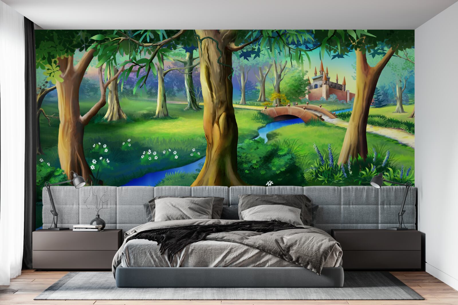 Fotobehang slanke bomen die omhoog klimmen en een rivier in een weiland