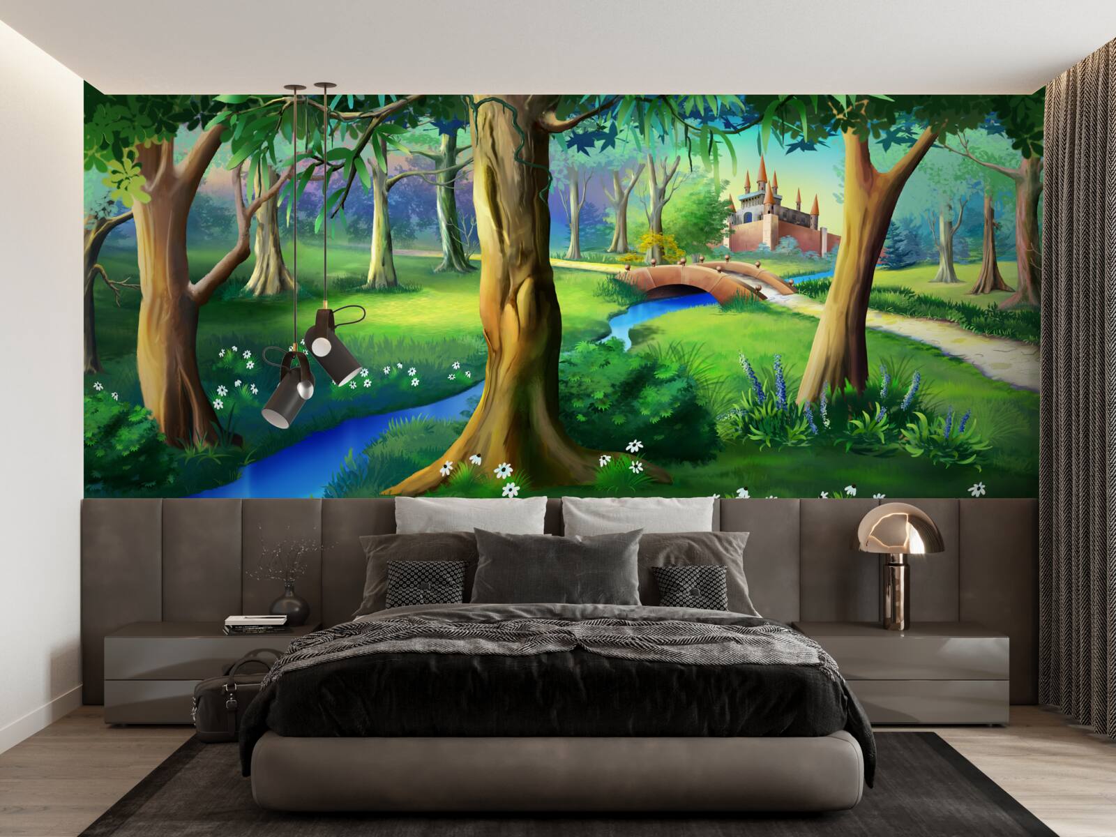 Fotobehang slanke bomen die omhoog klimmen en een rivier in een weiland