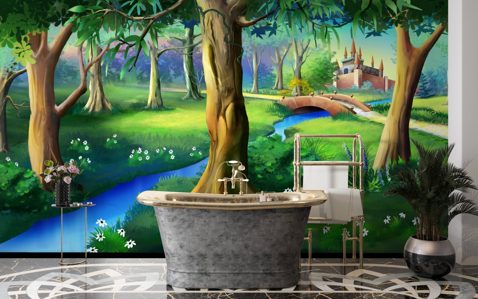 Fotobehang slanke bomen die omhoog klimmen en een rivier in een weiland