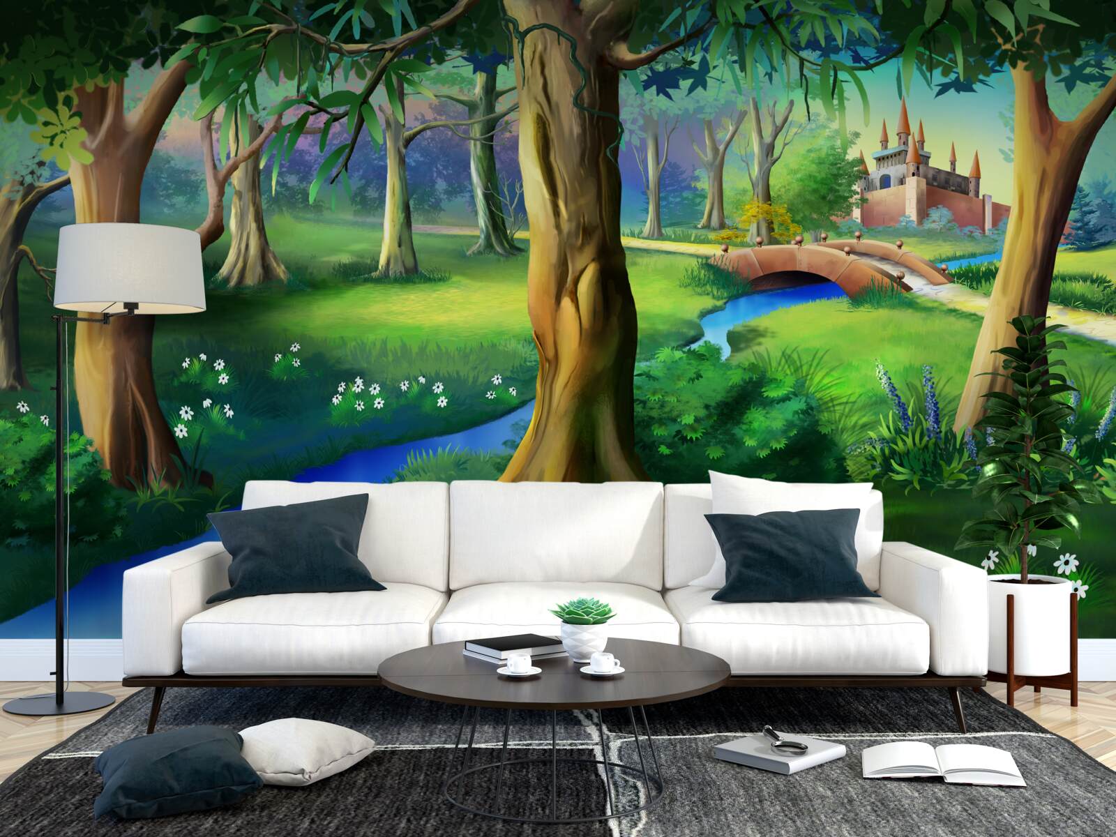 Fotobehang slanke bomen die omhoog klimmen en een rivier in een weiland