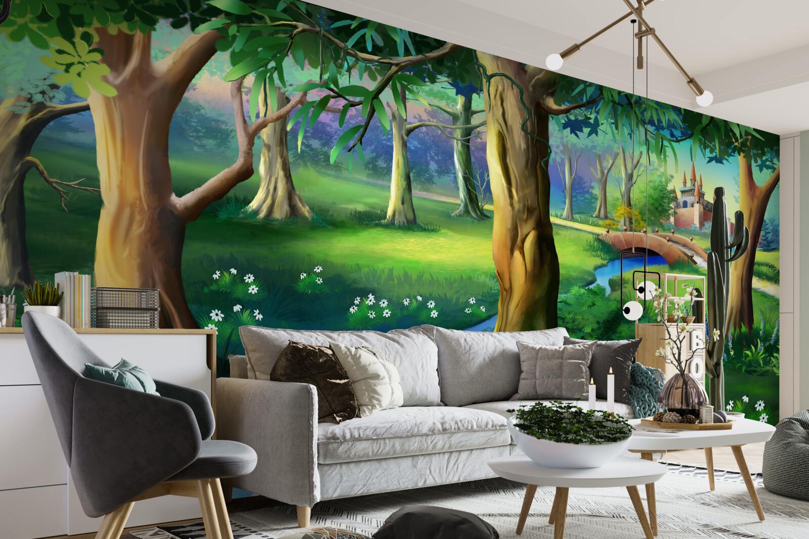 Fotobehang slanke bomen die omhoog klimmen en een rivier in een weiland