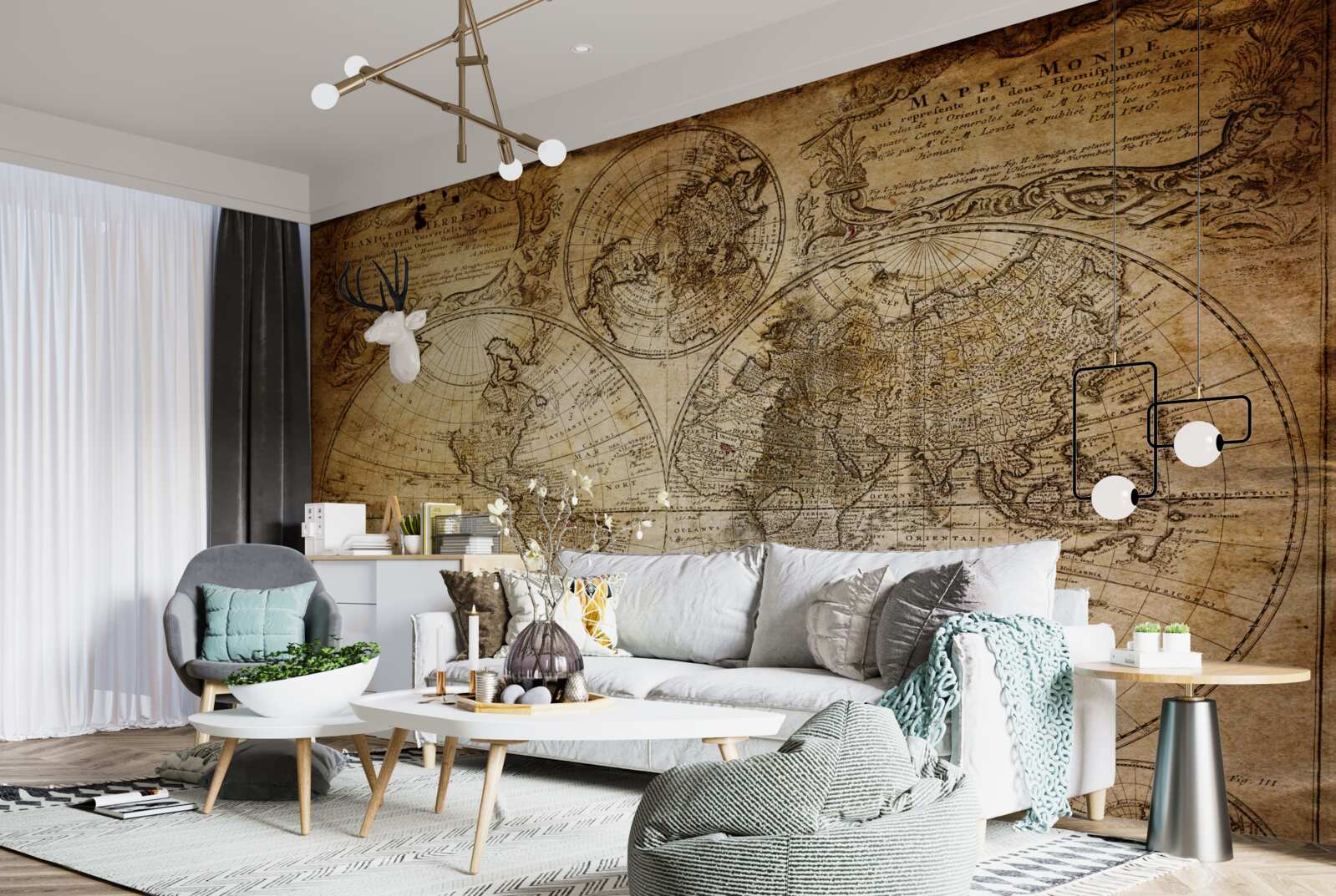 Fotobehang oude kaart met continenten en eilanden