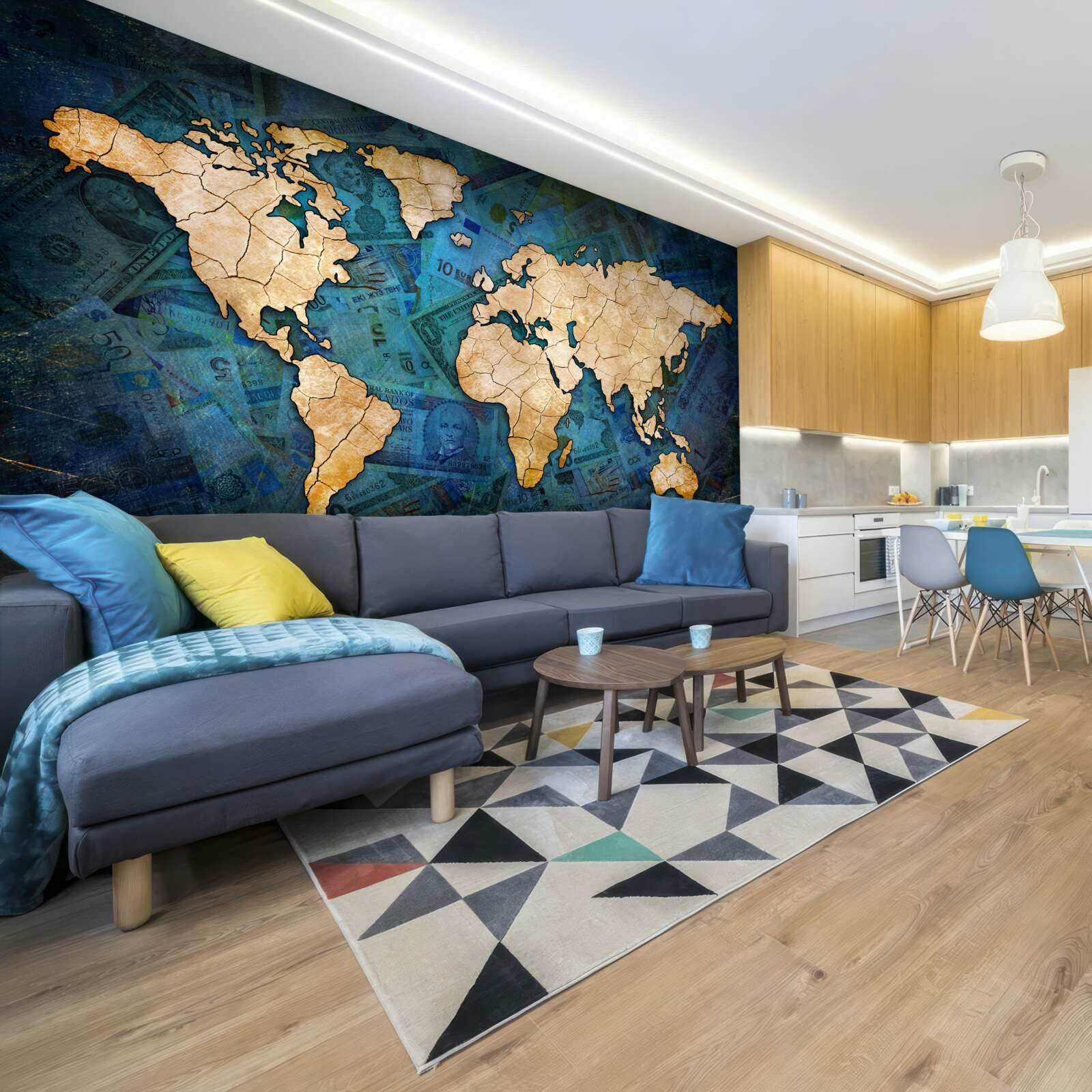 Fotobehang gele wereldkaart op blauwe water achtergrond