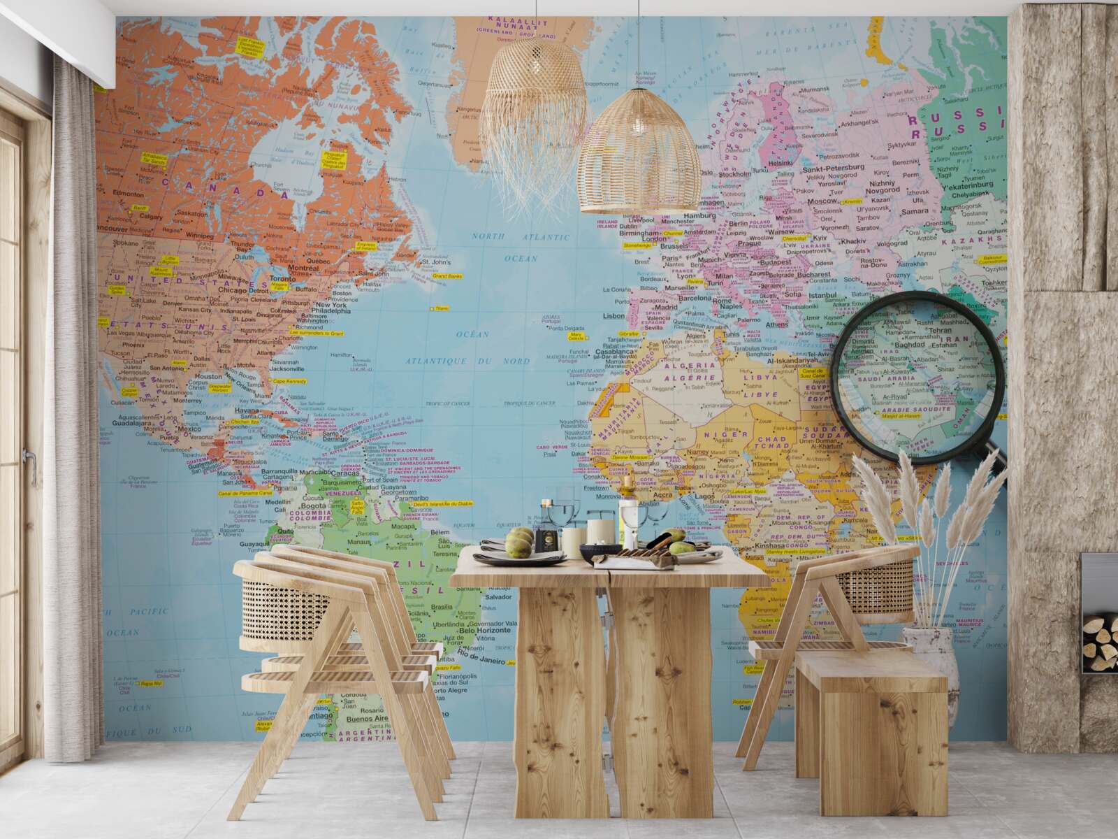 Fotobehang vergrootglas op een gekleurde wereldkaart
