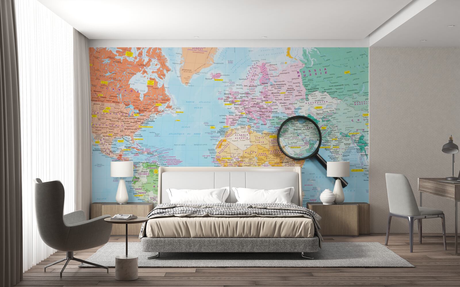 Fotobehang vergrootglas op een gekleurde wereldkaart