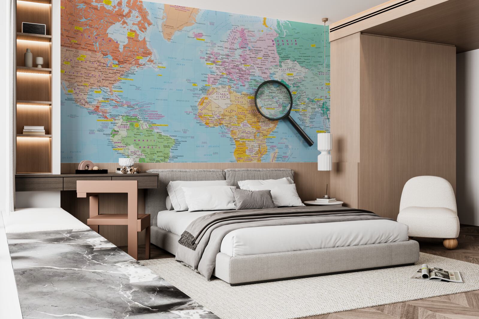 Fotobehang vergrootglas op een gekleurde wereldkaart