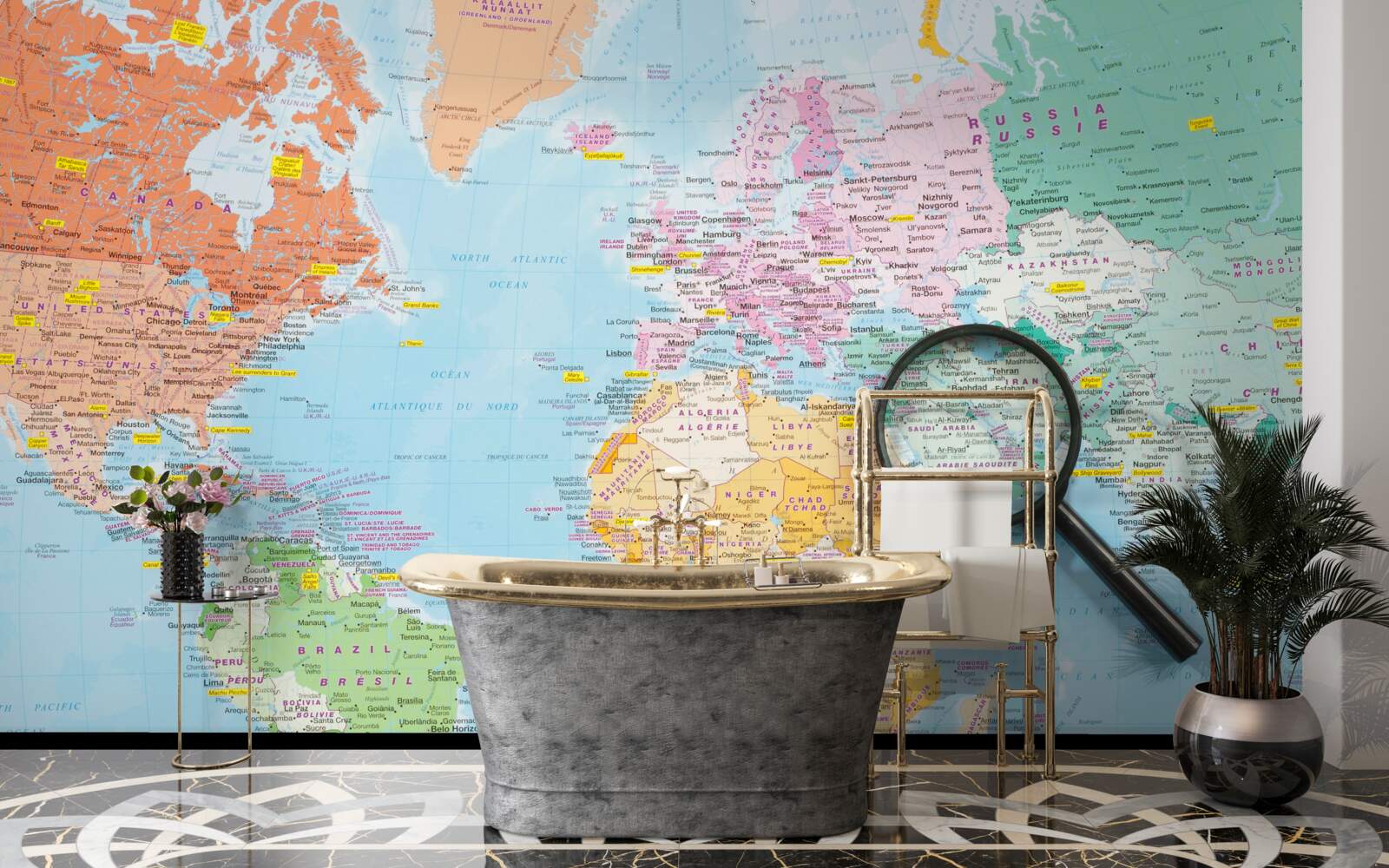 Fotobehang vergrootglas op een gekleurde wereldkaart