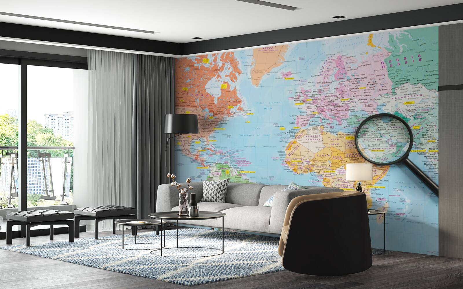 Fotobehang vergrootglas op een gekleurde wereldkaart