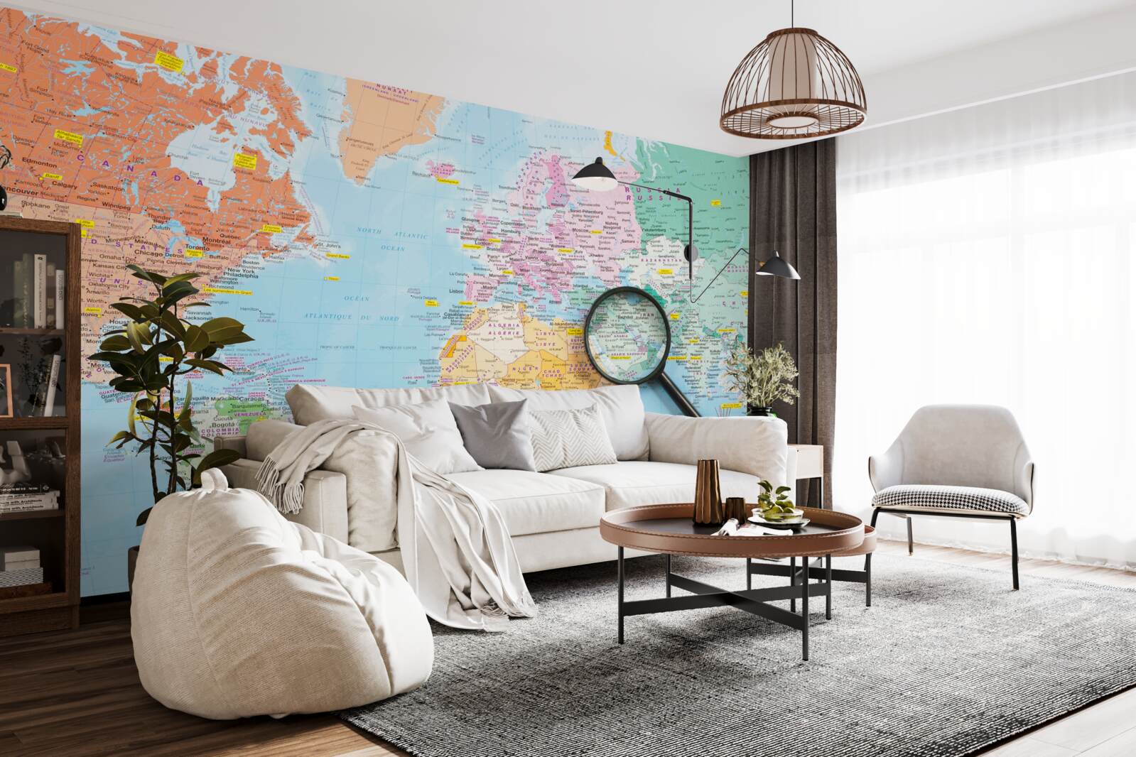 Fotobehang vergrootglas op een gekleurde wereldkaart