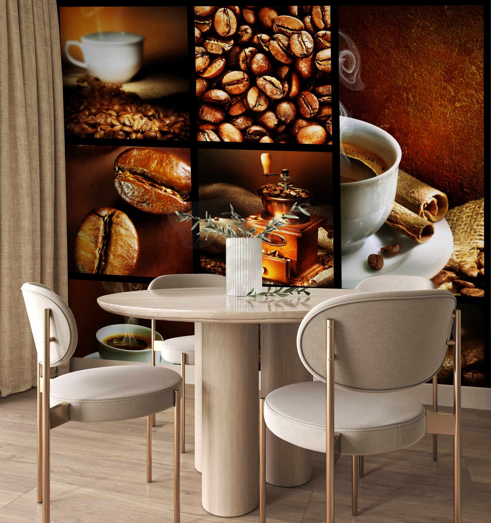 Fotobehang samenstelling van koffiebonen en de drank zelf