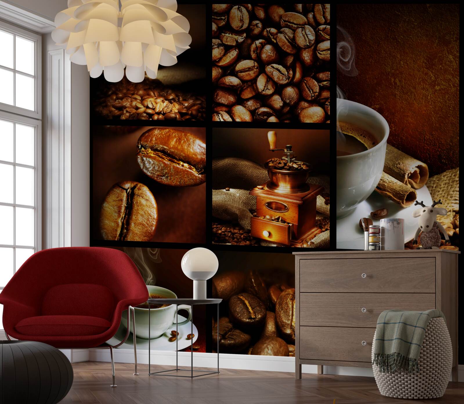 Fotobehang samenstelling van koffiebonen en de drank zelf