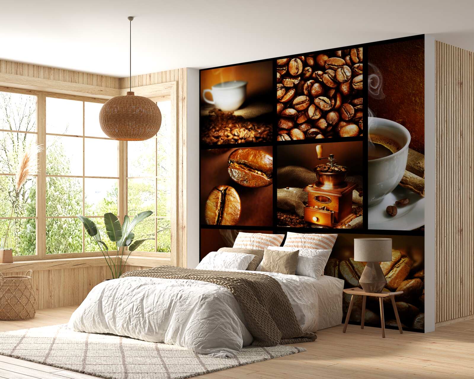 Fotobehang samenstelling van koffiebonen en de drank zelf