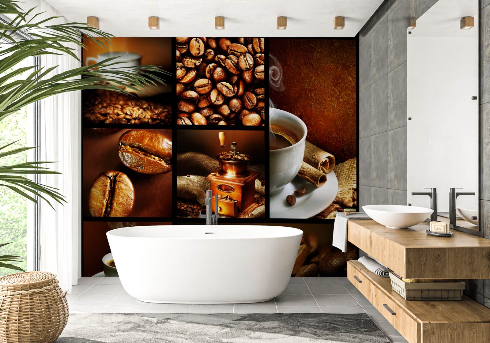 Fotobehang samenstelling van koffiebonen en de drank zelf