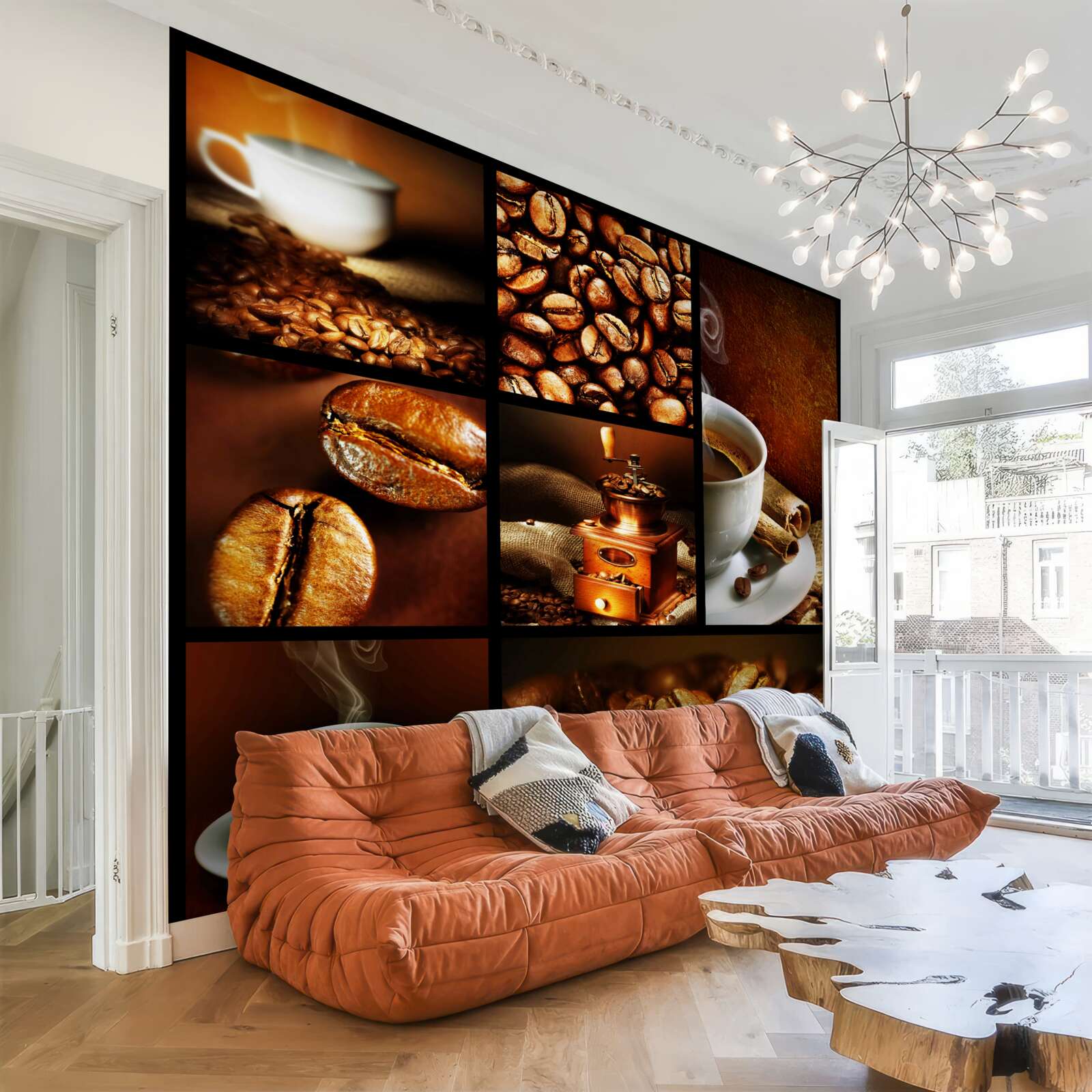 Fotobehang samenstelling van koffiebonen en de drank zelf