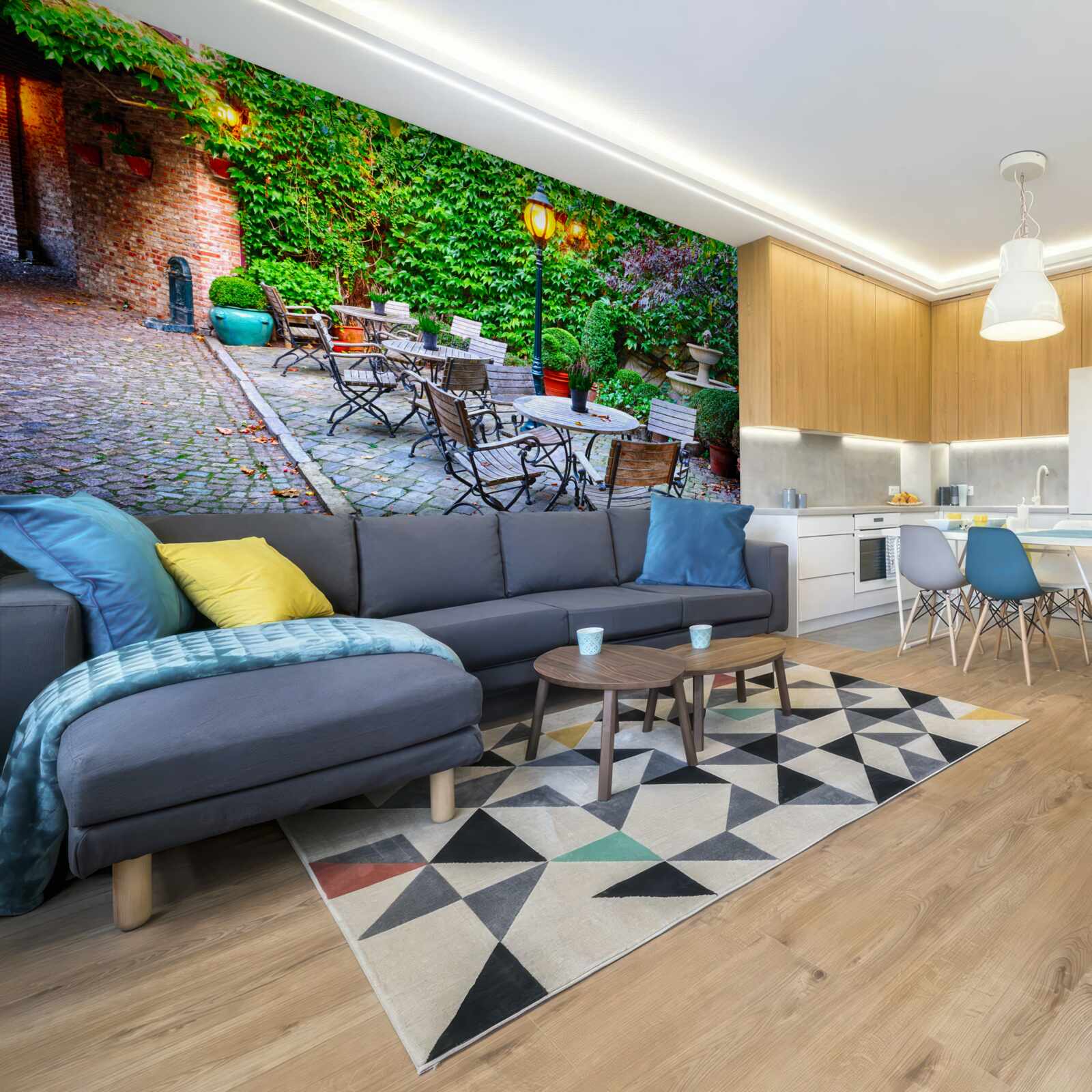 Fotobehang plant met groene muur en straatlantaarn