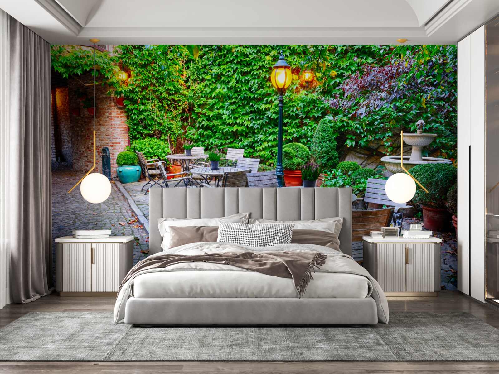 Fotobehang plant met groene muur en straatlantaarn