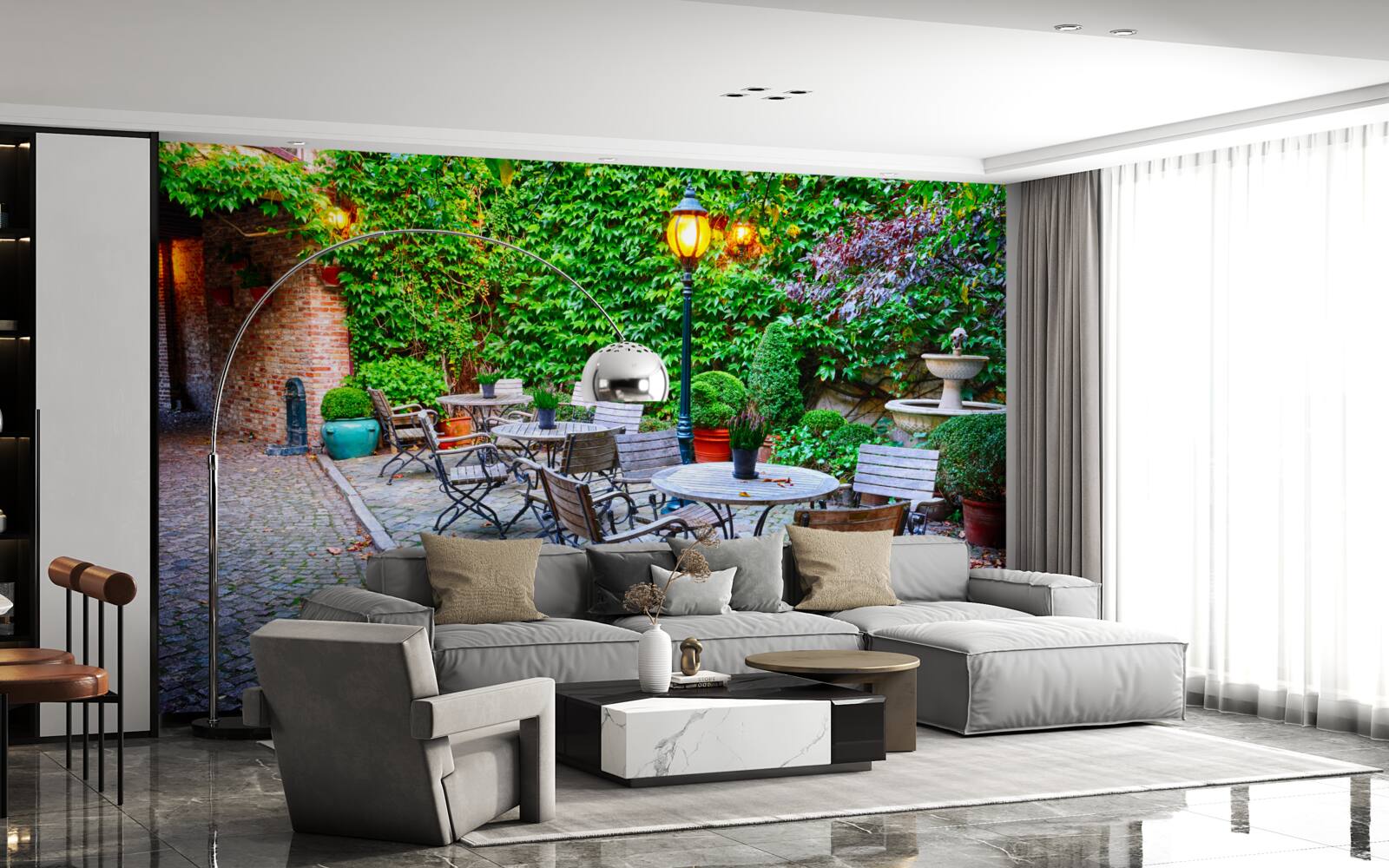 Fotobehang plant met groene muur en straatlantaarn